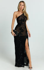 Shelby Maxi Dress - One Shoulder Rosette Fitted Applique Dress in Black
