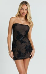 Shelby Mini Dress - Strapless Rosette Bodycon Dress in Black