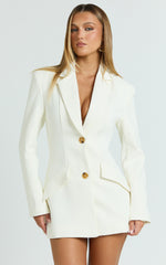 Shelley Mini Dress - Collared Double Breasted Blazer Dress in Cream