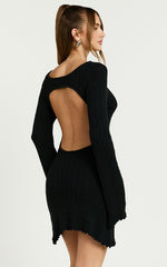 Shia Mini Dress - Backless Knitted Boat Neck Long Sleeve Dress in Black