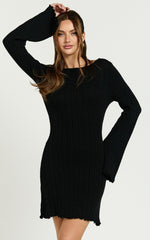 Shia Mini Dress - Backless Knitted Boat Neck Long Sleeve Dress in Black