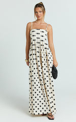 Sia Maxi Dress - Sleeveless Straight Neck A Line Dress in Beige Black Spot