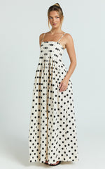 Sia Maxi Dress - Sleeveless Straight Neck A Line Dress in Beige Black Spot
