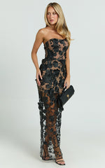 Sienna Maxi Dress - 3D Floral Strapless Column Dress in Black