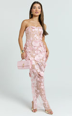 Sienna Maxi Dress - 3D Floral Strapless Column Dress in Pink