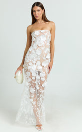 Sienna Maxi Dress - 3D Floral Strapless Column Dress in White