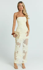Sienna Midi Dress - Strapless Floral Embroidered Bodycon Dress in Lemon