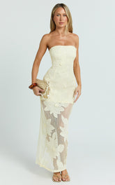 Sienna Midi Dress - Strapless Floral Embroidered Bodycon Dress in Lemon
