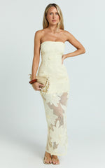 Sienna Midi Dress - Strapless Floral Embroidered Bodycon Dress in Lemon