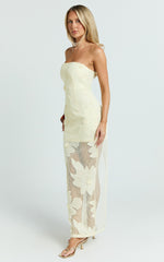 Sienna Midi Dress - Strapless Floral Embroidered Bodycon Dress in Lemon