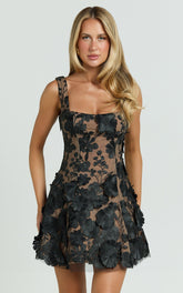 Sienna Mini Dress - 3D Floral Fit And Flare Dress in Black