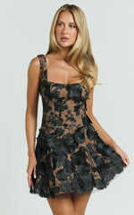 Sienna Mini Dress - 3D Floral Fit And Flare Dress in Black