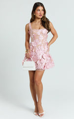 Sienna Mini Dress - 3D Floral Fit And Flare Dress in Pink