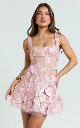 Sienna Mini Dress - 3D Floral Fit And Flare Dress in Pink
