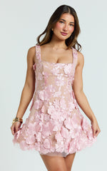Sienna Mini Dress - 3D Floral Fit And Flare Dress in Pink