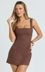 Sienna Mini Dress - Square Neck A Line Dress in Chocolate