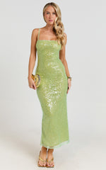 Sierra Midi Dress - Sequin Square Neck Bodycon Dress in Green