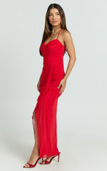 Silvana Maxi Dress - Halter Ruched Side Split Dress in Red