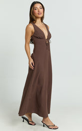 Silvena Midi Dress - Plunge Neckline Tie Front A Line Dress in Chocolate