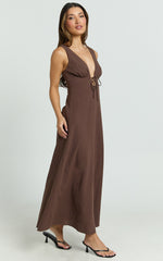 Silvena Midi Dress - Plunge Neckline Tie Front A Line Dress in Chocolate