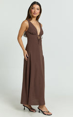 Silvena Midi Dress - Plunge Neckline Tie Front A Line Dress in Chocolate