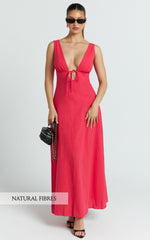 Silvena Midi Dress - Plunge Neckline Tie Front A Line Dress in Red