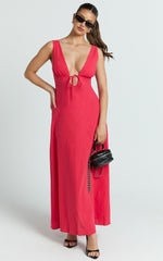 Silvena Midi Dress - Plunge Neckline Tie Front A Line Dress in Red