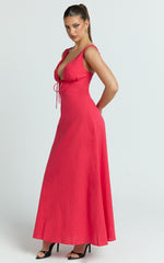 Silvena Midi Dress - Plunge Neckline Tie Front A Line Dress in Red