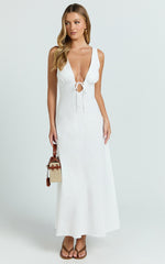 Silvena Midi Dress - Plunge Neckline Tie Front A Line Dress in White