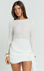 Simone Mini Dress - Embroidery Long Sleeve Ruched Waist Dress in White