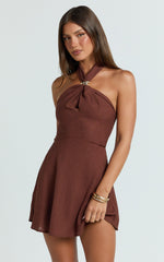 Sittie Mini Dress - Halterneck Linen Gold Trim A Line Dress in Chocolate