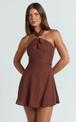 Sittie Mini Dress - Halterneck Linen Gold Trim A Line Dress in Chocolate