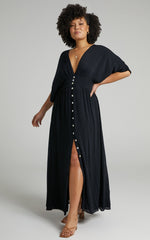 Sitting Pretty Maxi Dress - Short Sleeve Button Down Dress in Black