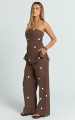 Skye Two Piece Set - Strapless Longline Top and Pant Set in Chocolate Polka Dot
