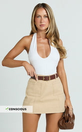 Skyler Mini Skort - Linen Look Cargo Mini Skort in Beige
