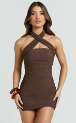 Soelen Mini Dress - Cross Front Halter Neck Bodycon Dress in Chocolate