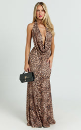 Sofia Maxi Dress - Jersey Low Cowl Neck A Line Dress in Tonal Leopard