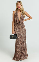 Sofia Maxi Dress - Jersey Low Cowl Neck A Line Dress in Tonal Leopard