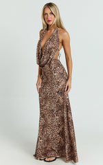 Sofia Maxi Dress - Jersey Low Cowl Neck A Line Dress in Tonal Leopard