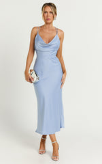 Soft Petal Midi Dress - Cowl Crossover Back Dress in Cornflower Blue