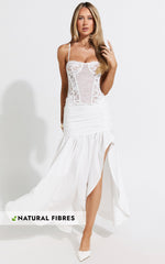 Solange Midi Skirt - Mid Waisted Thigh High Leg Split Skirt in White