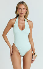 Solara Bodysuit - Deep V Halter Neck Tie Back Asymmetric Leg Bodysuit in Mint