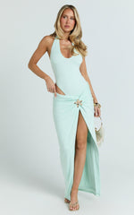 Solara Bodysuit - Deep V Halter Neck Tie Back Asymmetric Leg Bodysuit in Mint