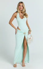 Solara Bodysuit - Deep V Halter Neck Tie Back Asymmetric Leg Bodysuit in Mint