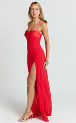 Sonya Maxi Dress - Cowl Neck Asymmetric Fit And Flare Dress in Red