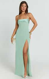 Sonya Maxi Dress - Cowl Neck Asymmetric Fit And Flare Dress in Sage