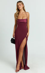 Sonya Maxi Dress - Cowl Neck Asymmetric Fit And Flare Dress in Wine