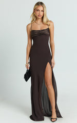 Sonya Maxi Dress - Cowl Neck Asymmetric Fit And Flare Dress in Chocolate