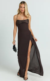 Sonya Maxi Dress - Cowl Neck Asymmetric Fit And Flare Dress in Chocolate