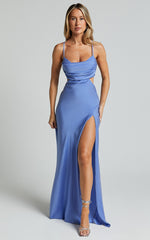 Sophie Maxi Dress - Cowl Neck Cross Back Dress in Blue
